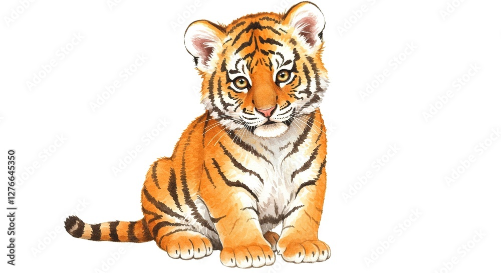 Naklejka premium Cute Tiger Cub Illustration Sitting Down - Wildlife Animal Art