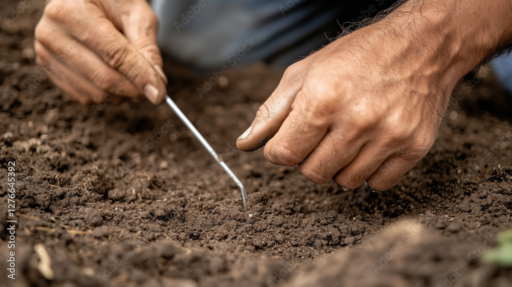 Farmer Using Soil Thermometer to Ensure Optimal Crop Planting Temperature Farmer Using Soil Thermometer to Ensure Optimal Crop Planting Temperature