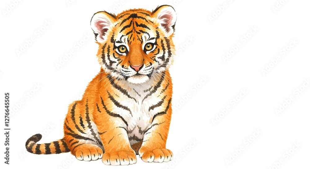 Obraz premium Cute Tiger Cub Sitting Isolated on White Background Animal Illustration