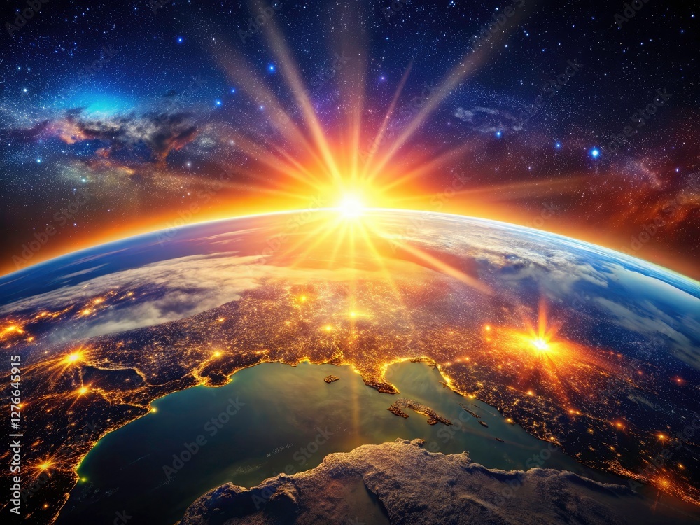Earth's sunrise explodes in color, overlaid with a futuristic city's glow; a stunning double exposure. Earth's sunrise explodes in color, overlaid with a futuristic city's glow; a stunning double exposure.