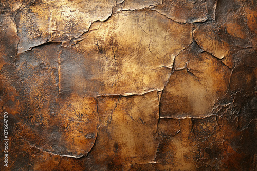 Cracked metallic surface with bronze and brown tones, creating a textured background.