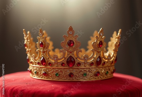 Intricately designed golden crown adorned with green and red gemstones, placed on a luxurious red velvet cushion, perfect for regal and royal-themed designs