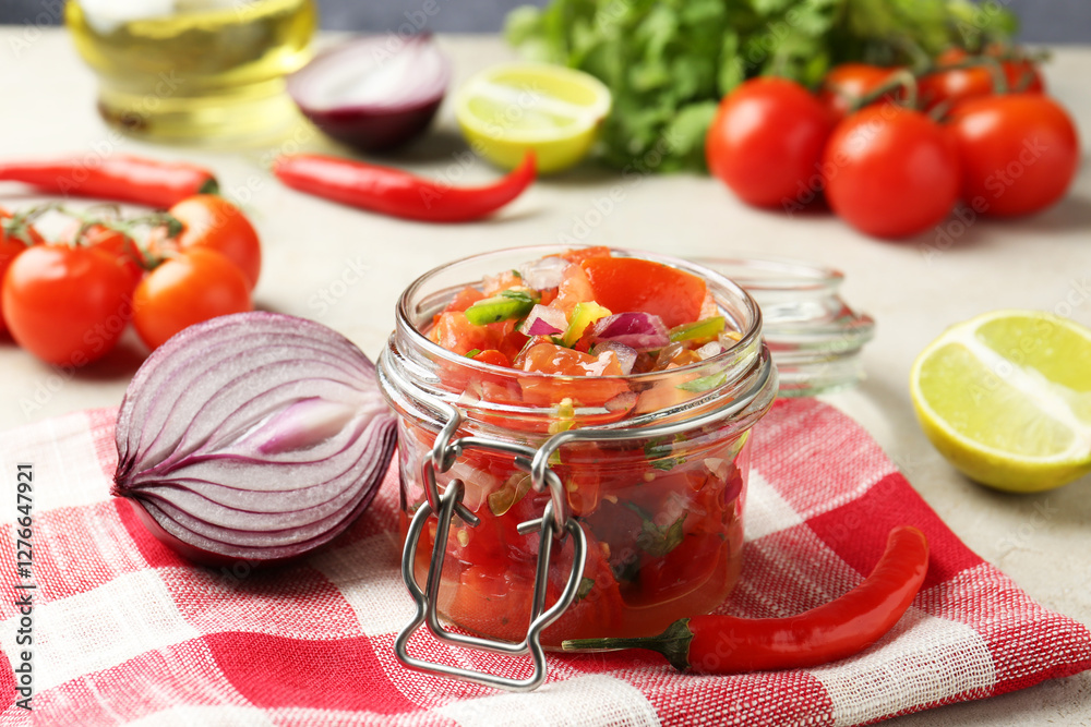 Delicious salsa (Pico de gallo) in jar and ingredients on light table, closeup Delicious salsa (Pico de gallo) in jar and ingredients on light table, closeup