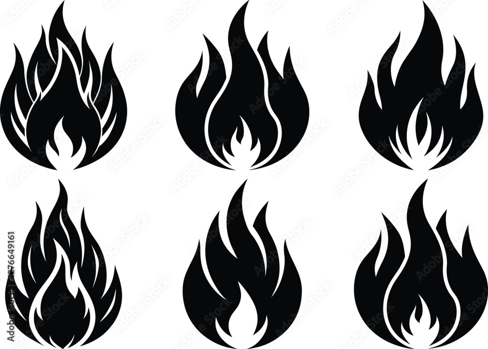 Fire Flame Silhouette Icons Set, black fire vector silhouette Fire Flame Silhouette Icons Set, black fire vector silhouette