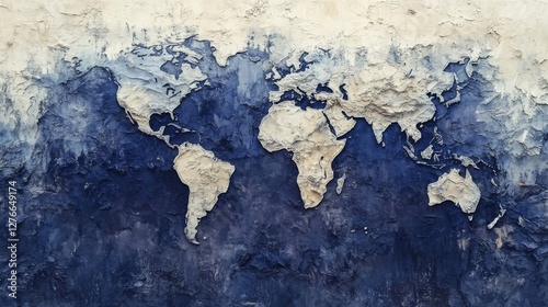 Textured World Map Art Abstract Blue Beige Painting
