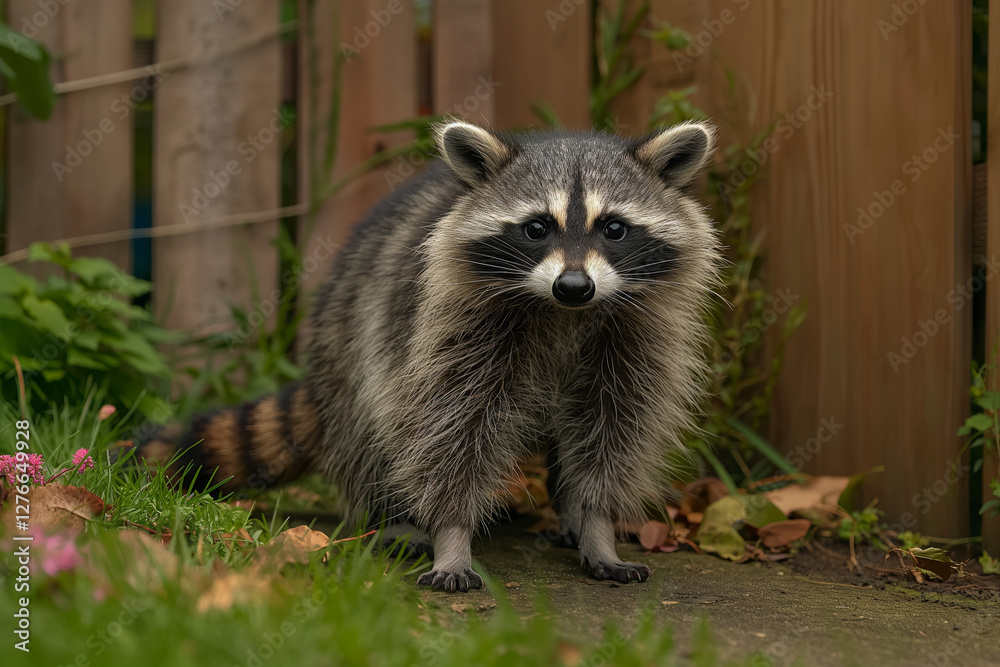 A curious raccoon standing in a suburban backyard, its fluffy gray fur A curious raccoon standing in a suburban backyard, its fluffy gray fur