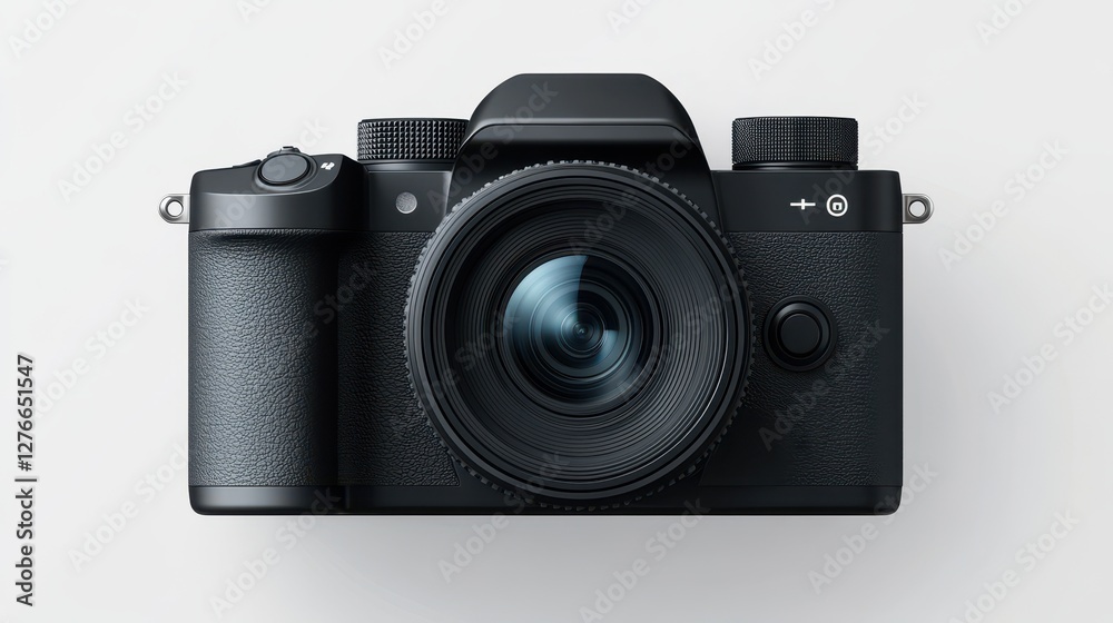 Modern black digital camera with large lens on white background Modern black digital camera with large lens on white background