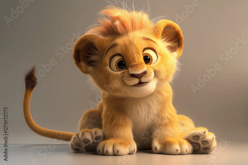 A cute 3D rendered lion cub baby illustration, designed in a cheerful children's cartoon animation style