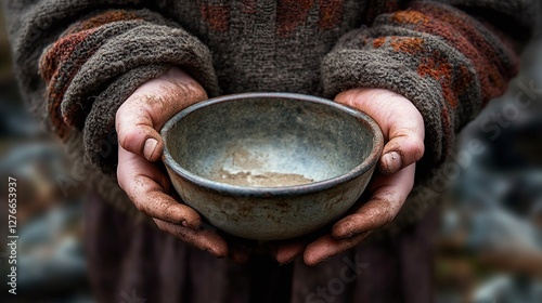 AI Generate A Child With A Dusty Hands And Torn Clothes Holding A Bowl