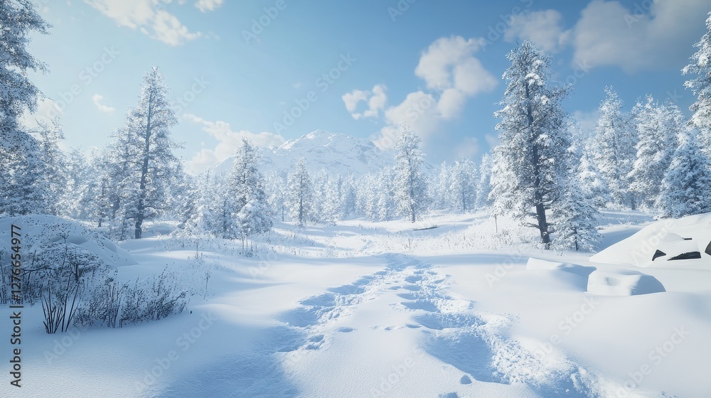 Snow-covered forest with fresh footprints under a bright blue sky in winter wonderland Snow-covered forest with fresh footprints under a bright blue sky in winter wonderland