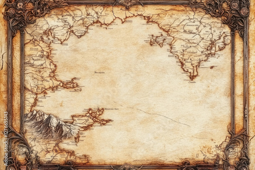 Antique-styled map depicting a fictional landmass with detailed coastlines, rivers, mountains, and numerous place names. photo