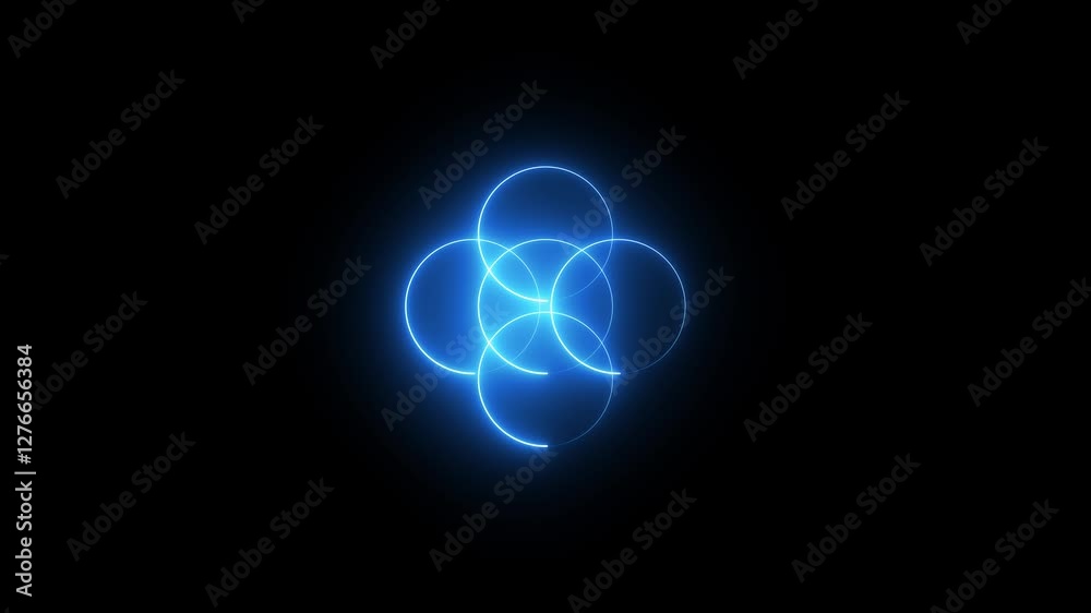 five infinity glowing neon rings of colorful pink and aquamarine circles intertwined and spinning infinity