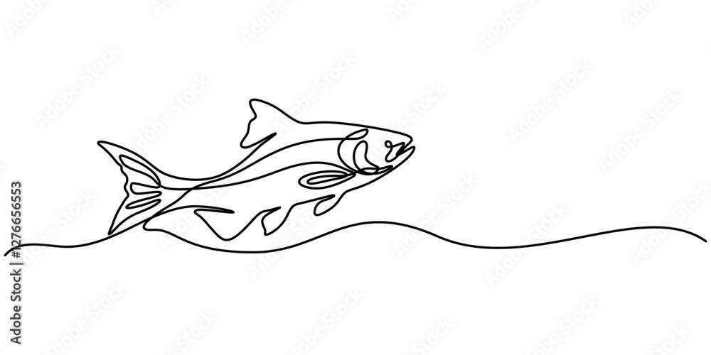 Fototapeta premium Fresh salmon fish in continuous line art drawing isolated on white background. Fresh food concept, Monoline Fishing Symbol, One Line Tuna Silhouette, Salmon Sign, Fish Endless Shape, pro Vector. 