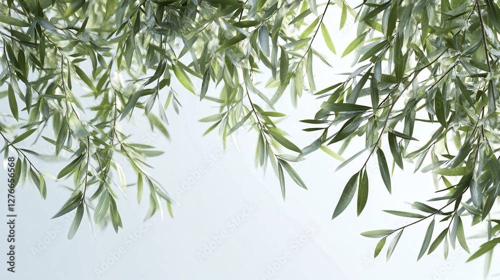 Fototapeta premium Sunlit green leaves creating natural canopy against clear sky