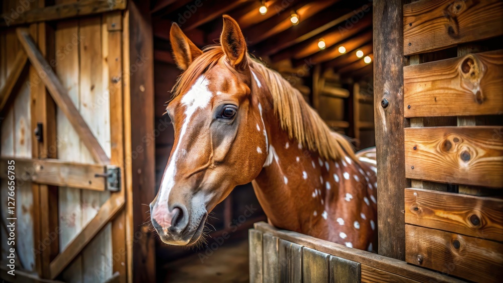 Fototapeta premium High-depth-of-field equestrian portrait captures a brown horse's beauty, its white spots prominent.