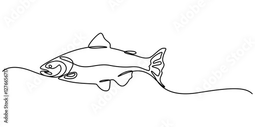 Fresh salmon fish in continuous line art drawing isolated on white background. Fresh food concept, Monoline Fishing Symbol, One Line Tuna Silhouette, Salmon Sign, Fish Endless Shape, pro Vector.  
