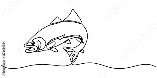 Fresh salmon fish in continuous line art drawing isolated on white background. Fresh food concept, Monoline Fishing Symbol, One Line Tuna Silhouette, Salmon Sign, Fish Endless Shape, pro Vector.  