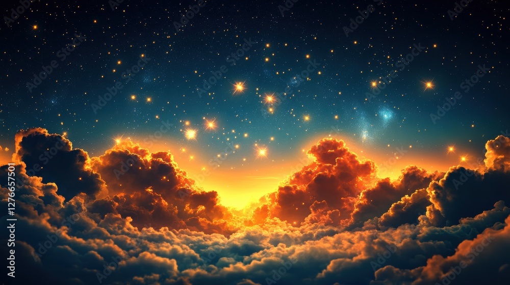 Fototapeta premium Starry night sky with dramatic sunset above illuminated clouds and distant galaxies