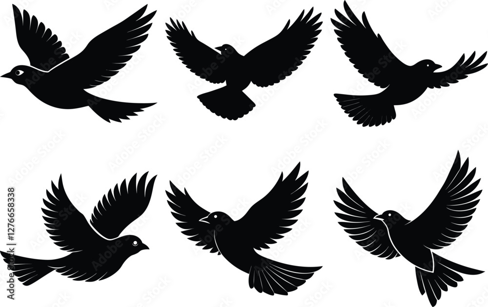 Fototapeta premium vintage flying bird silhouette set, drawing birds black silhouette