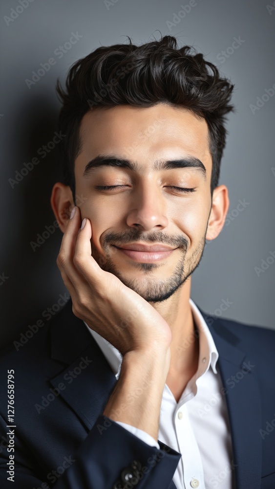 Obraz premium Young man with eyes closed touching face against wall