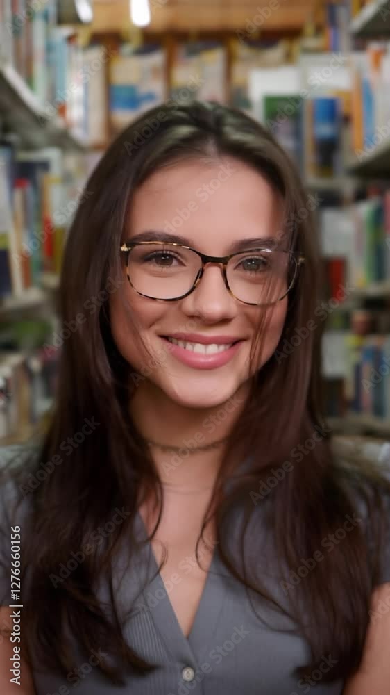 Smiling white woman with glasses in library surrounded by books during a bright day Smiling white woman with glasses in library surrounded by books during a bright day