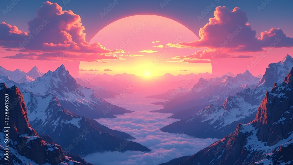 Obraz premium Nostalgic retrowave scene where the sun sets over majestic mountains, with hues of warm colors casting a vibrant glow across the landscape