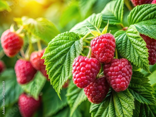 Juicy red raspberries, glistening, surrounded by fresh green leaves â€“ a perfect summer image.