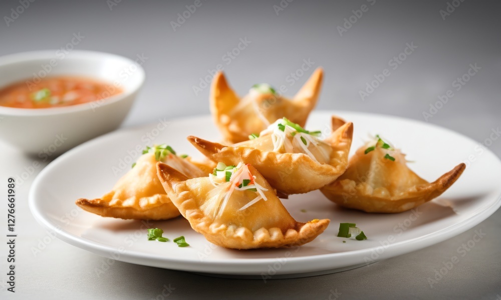 Delicious Golden Fried Dumplings with Fresh Vegetables and Sauce Delicious Golden Fried Dumplings with Fresh Vegetables and Sauce