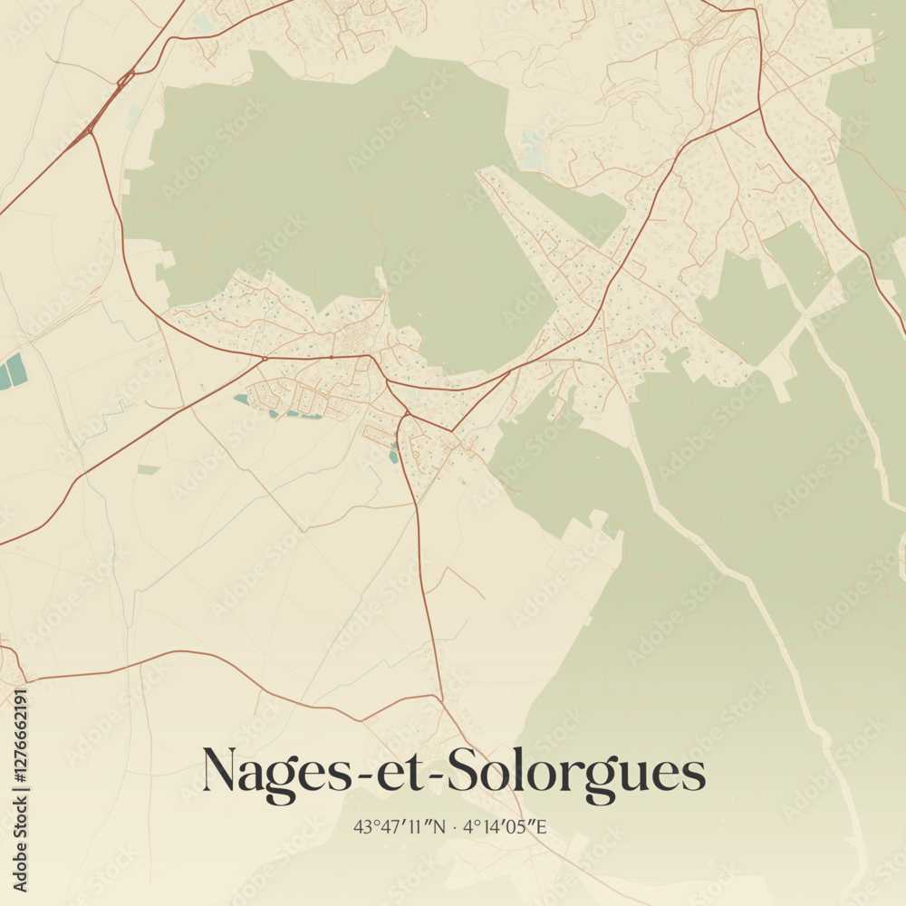 Fototapeta premium Vintage map of Nages-et-Solorgues, France.