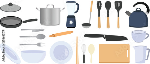 Kitchenware set. Kitchen utensils, tools, equipment and cutlery for cooking. Cook appliances and accessories collection. vector illustrations of cookware objects isolated on white background