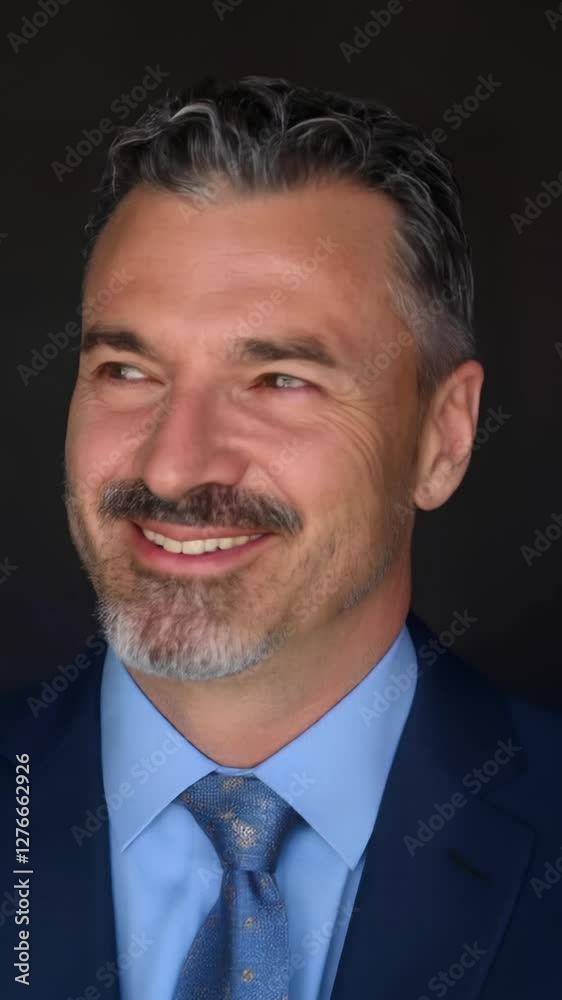 Smiling white man with curly hair dressed in formal attire exudes confidence and charisma in professional setting Smiling white man with curly hair dressed in formal attire exudes confidence and charisma in professional setting