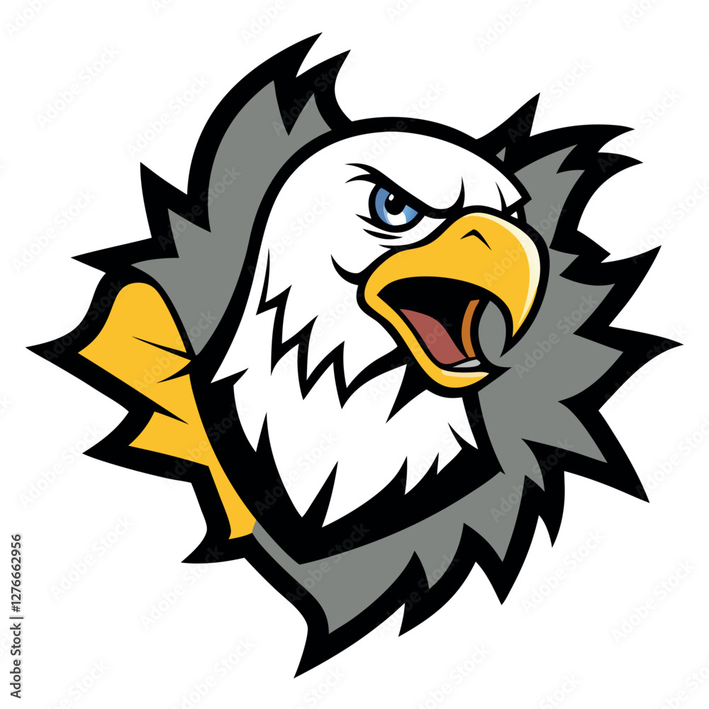 Obraz premium Cartoon eagle mascot, fierce expression, aggressive pose, white and gold feathers, clenched fist, beak wide open, yellow beak, blue background, stylized illustration, sports team logo, dynamic composi