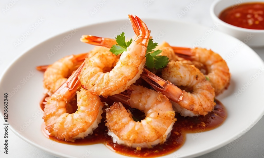 Crispy Shrimp with Spicy Sauce on White Plate for Food Photography Crispy Shrimp with Spicy Sauce on White Plate for Food Photography
