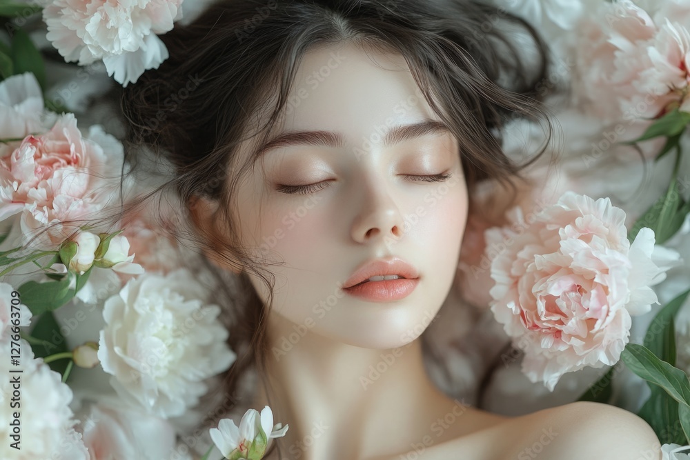 Portrait of a beautiful model lying among peony flowers with closed eyes, enjoying the moment Portrait of a beautiful model lying among peony flowers with closed eyes, enjoying the moment