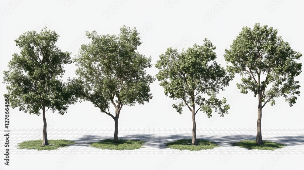 Four tall trees: green foliage on white background with grass shadows Four tall trees: green foliage on white background with grass shadows