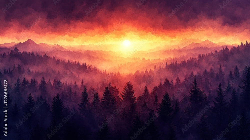 Obraz premium Misty Mountain Sunset Forest panorama, fiery sky, digital art, wallpaper