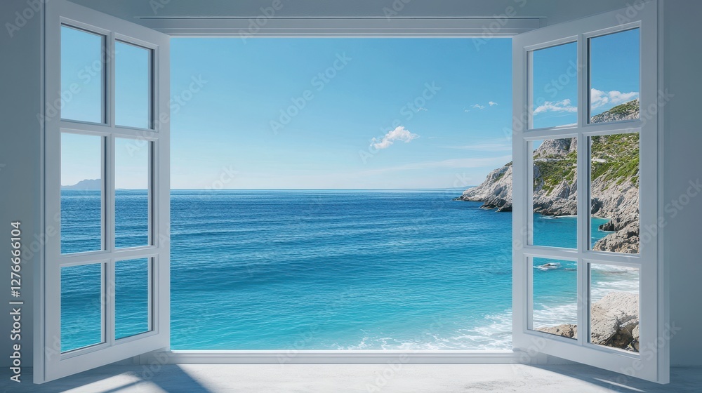 Open window view of pristine blue ocean and rocky cliffs on a clear sunny day Open window view of pristine blue ocean and rocky cliffs on a clear sunny day