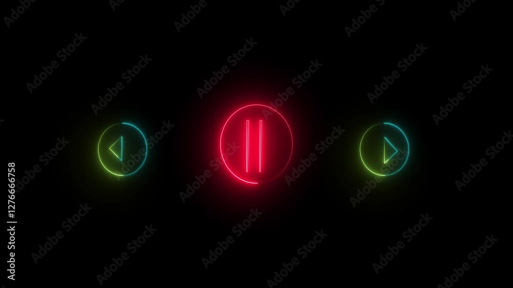 Neon Media Control Icons on Black Background – Rewind, Play, and Fast-Forward Symbols with Audio Bars concept. Neon Media Control Icons on Black Background – Rewind, Play, and Fast-Forward Symbols with Audio Bars concept.