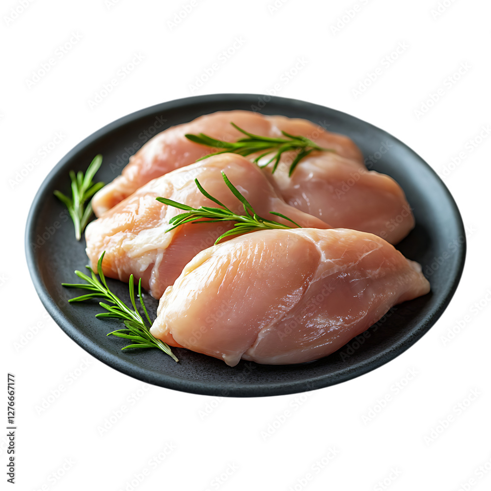 Fresh chicken fillets garnished with rosemary on a black plate ready for cooking in a modern kitchen environment Fresh chicken fillets garnished with rosemary on a black plate ready for cooking in a modern kitchen environment