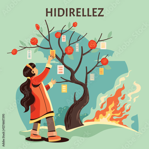 A girl hangs her wish note on a rose tree to commemorate the Hidirellez tradition in Turkey