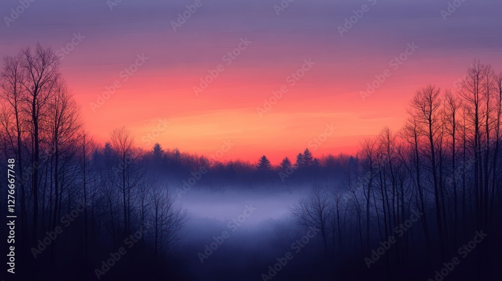Misty sunrise over winter forest, scenic view Misty sunrise over winter forest, scenic view