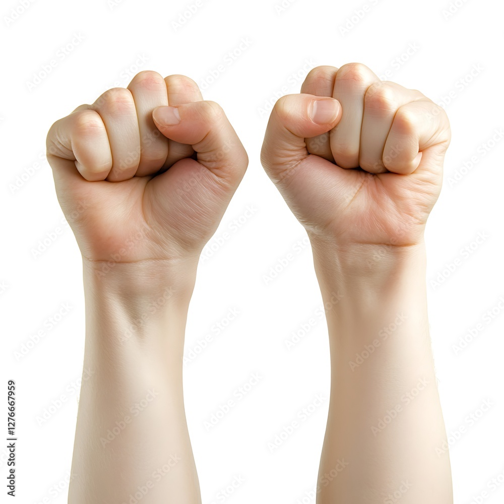 Holding fists up in the air isolated on white background Holding fists up in the air isolated on white background