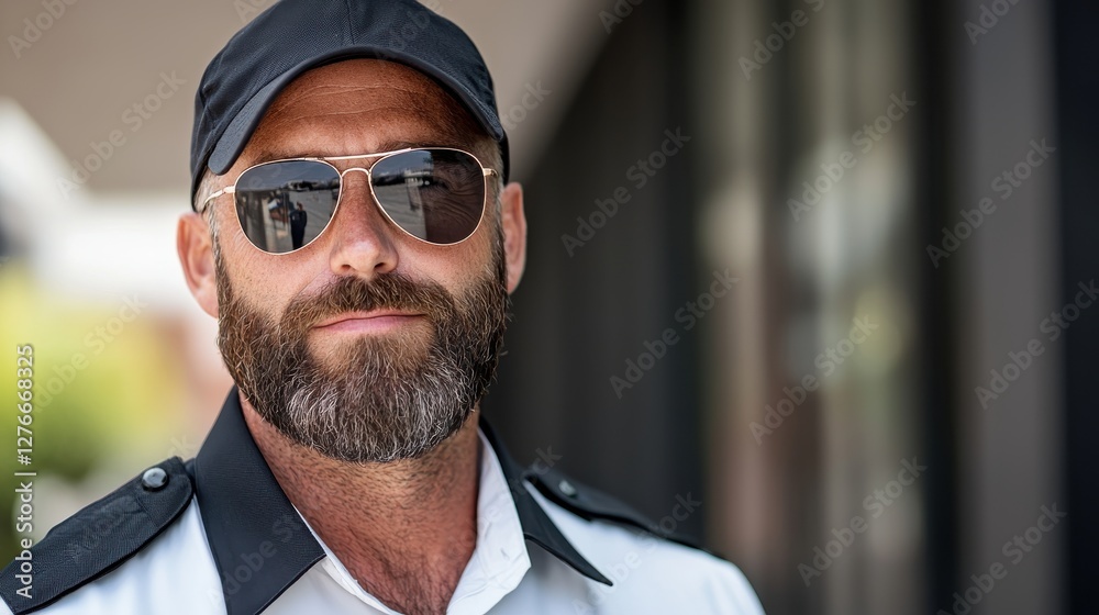 Close up portrait of a man with a beard and sunglasses, outdoors. He is wearing a dark colored cap and shirt. Natural lighting. Close up portrait of a man with a beard and sunglasses, outdoors. He is wearing a dark colored cap and shirt. Natural lighting.