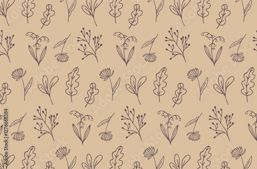 Elegant botanical pattern with delicate blue floral and foliage sketches on a warm beige background. Ideal for fabrics, packaging, wallpaper, stationery and various design projects