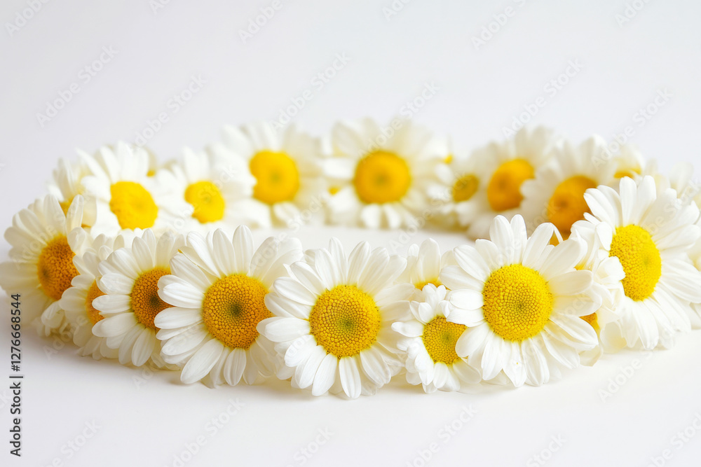 Obraz premium A top view of wild yellow and white flowers arranged around an empty space for text, framed naturally with a white background, offering a fresh, minimalistic vibe