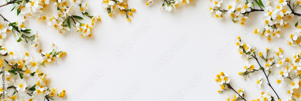 A charming arrangement of wild yellow and white flowers surrounds an empty center, set against a crisp white background, embodying simplicity, freshness, and a clean, natural design, banner A charming arrangement of wild yellow and white flowers surrounds an empty center, set against a crisp white background, embodying simplicity, freshness, and a clean, natural design, banner