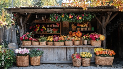 Rustic Wooden Flower Stand Bursting with Vibrant Blooms in Woven Baskets