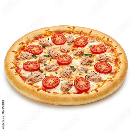 Pizza mit Thunfisch und Tomaten freigestellt vor weißem Hintergrund
