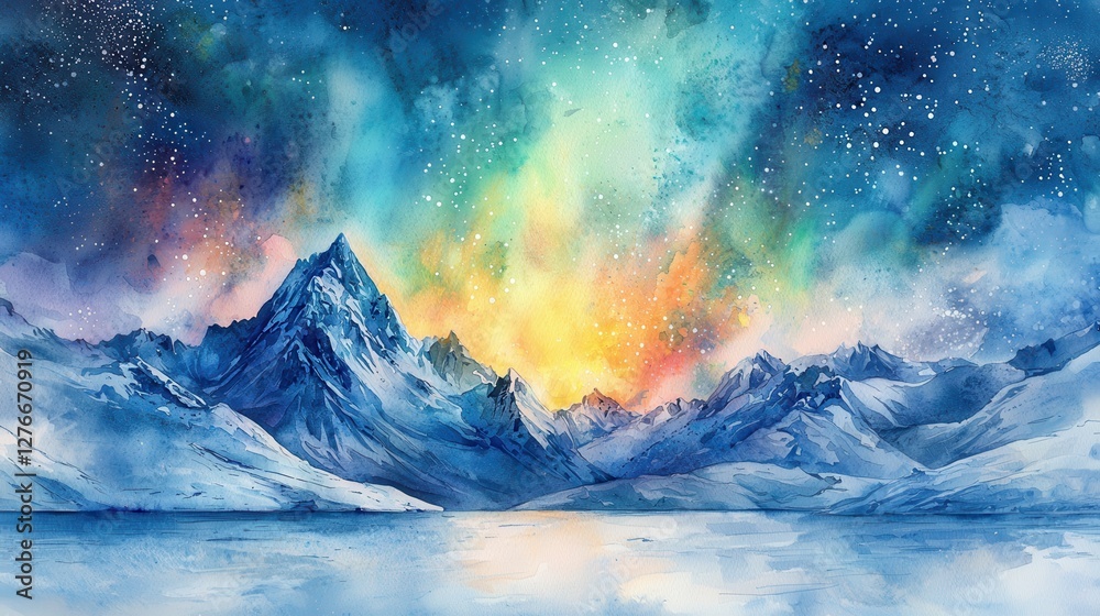 Naklejka premium Snowy Mountain Night Watercolor Landscape with Starry Sky