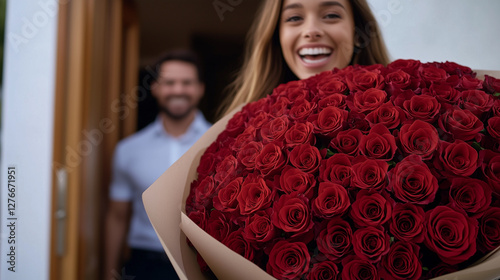 A happy woman receiving a beautiful bouquet of red roses, symbolizing love, romance, and a special occasion.
